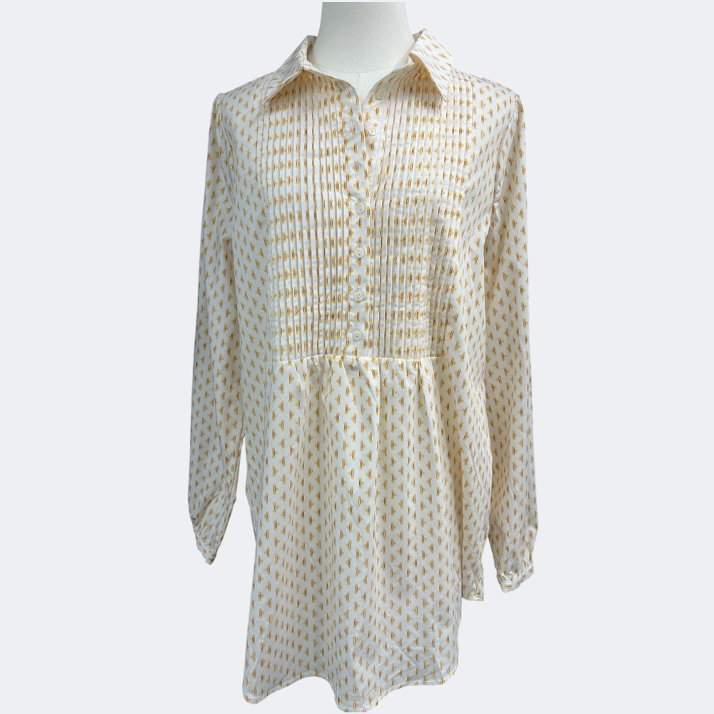NYDJ Pleated Tunic Womens Small White Yellow Maison Geo Blouse Long Sleeve Top